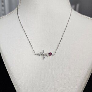 Sterling Silver Crystal Heartbeat Lab Created Ruby Stone Pendant Necklace